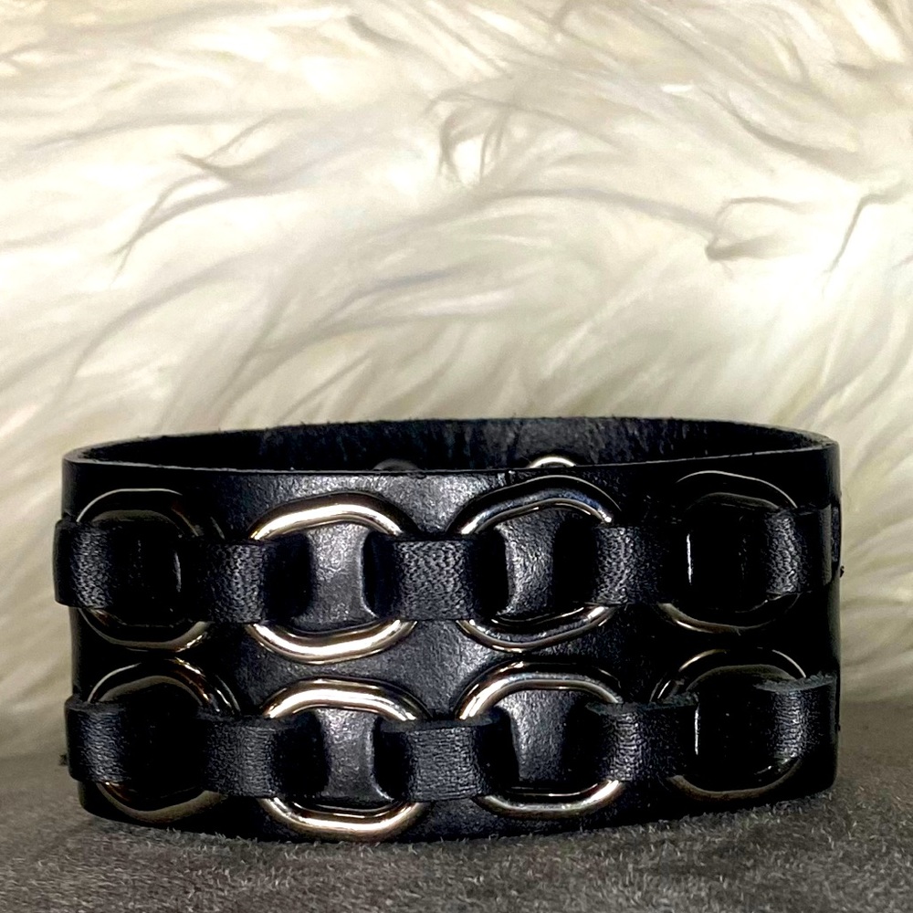 Adjustable Black Faux Leather Bracelet W/ Chain Link Accent!